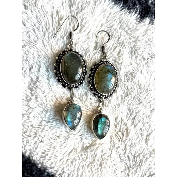 925 Vintage Style Flash Labradorite Earrings - Picture 2 of 4
